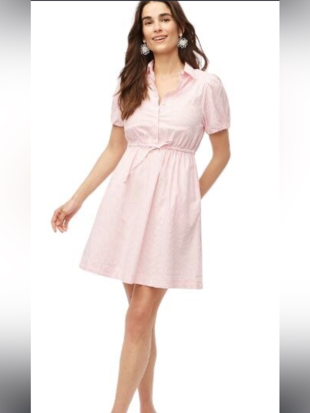 J Crew Puff Sleeve Stripe Mini Dress Womens 6 Pink Cottage Preppy Coastal Girly
